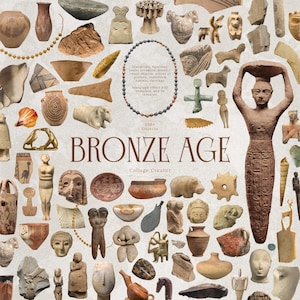 Puede incluir: Un collage de artefactos de la Edad de Bronce, que incluye cerámica, figurillas, joyas y herramientas. La imagen presenta una variedad de colores y texturas, con las palabras "BRONZE AGE" en un lugar destacado. El collage incluye más de 230 objetos.