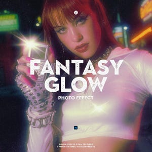 Peut inclure: Image avec le texte "FANTASY GLOW PHOTO EFFECT". Une personne tient un téléphone portable vintage. Elle porte un haut blanc et un gant clouté argenté. L'arrière-plan présente une lueur néon.