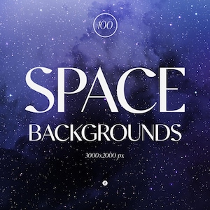 Puede incluir: Arte digital que presenta un fondo del espacio profundo con un cielo nocturno estrellado en tonos de azul y morado. Las palabras "SPACE BACKGROUNDS" están en letras blancas grandes, con el número "100" en un círculo arriba.