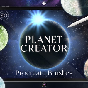 May include: A digital illustration of a tablet screen displaying the text "PLANET CREATOR Procreate Brushes" with a glowing blue star and several planets in the background. The text "80" is visible in the top left corner of the screen.