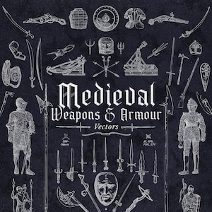 Può includere: Illustrazione in bianco e nero di armi e armature medievali su sfondo blu scuro. Il testo «Medieval Weapons & Armour Vectors» è ben visibile. Include spade, elmi, scudi e altri oggetti storici.