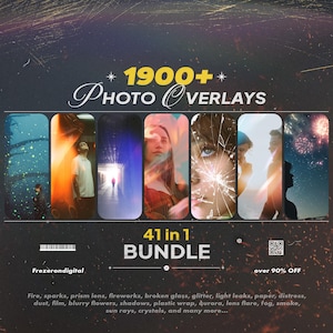 May include: A promotional image for photo overlays. The image features a dark background with the text "1900+ Photo Overlays" and "41 in 1 Bundle." It showcases several sample images with various effects, including fire, glitter, and broken glass. The text "over 90% OFF" is also visible.