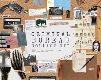May include: A corkboard collage kit with a crime theme. Includes a revolver, cassette tapes, film, photos, and documents. The text "CRIMINAL BUREAU COLLAGE KIT" is prominently displayed, along with the text "WANTED".