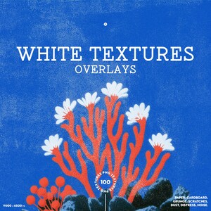 Könnte beinhalten: Digitale Grafik mit dem Text "WHITE TEXTURES OVERLAYS" in Weiß auf blauem Hintergrund. Das Bild zeigt korallenartige rote und weiße florale Elemente und einen kleinen Kreis mit der Nummer "100". In der unteren rechten Ecke steht "PAPER, CARDBOARD, GRUNGE, SCRATCHES, DUST, DISTRESS, NOISE."
