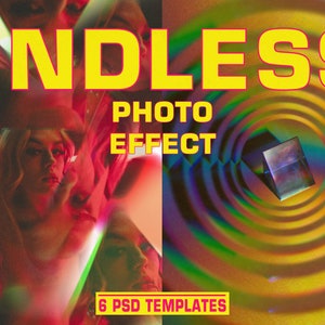 May include: A digital photo effect template with the text "ENDLESS PHOTO EFFECT" in yellow letters. The image shows a colourful, abstract background with a prism-like object in the centre. The text "6 PSD TEMPLATES" is in yellow at the bottom of the image.