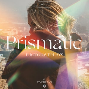 May include: A woman wearing a brown jacket stands in front of a city skyline with a rainbow prism overlay. The text "Prismatic Photo Overlays" and "26 Overlays" is visible on the image.