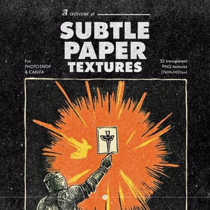 Pode incluir: Um design gráfico em estilo vintage com o texto "SUBTLE PAPER TEXTURES" em branco sobre um fundo preto. A imagem inclui um cavaleiro apontando para um pequeno quadrado com um símbolo, sobre um fundo laranja. O texto na parte superior diz "A collection of".