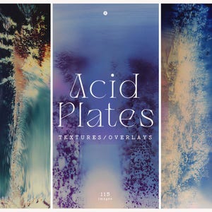May include: A digital art piece with three vertical panels. The center panel features the text "Acid Plates" in white, with "TEXTURES/OVERLAYS" below. The bottom of the panel reads "115 images". The panels display abstract, colorful textures.