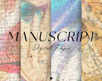 Può includere: Un pacchetto di carta digitale con quattro diversi design che presentano testo manoscritto sbiadito e un'estetica vintage. Il testo recita "MANUSCRIPT Digital Paper 6000x4000 px".