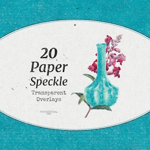May include: An oval graphic with the text "20 Paper Speckle Transparent Overlays" in black. A teal vase with red flowers and green leaves is on the right. The background is teal.