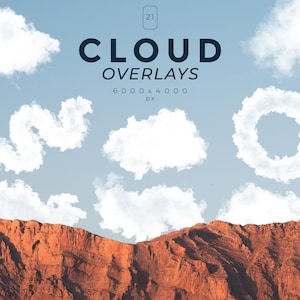 Könnte beinhalten: Eine Sammlung von 21 Wolken-Overlays, jede mit einer Größe von 6000 x 4000 Pixel. Die Wolken sind weiß und erscheinen vor einem hellblauen Himmel. Die Wolken haben verschiedene Formen und Größen, darunter Kreise, Wirbel und zarte Formen.
