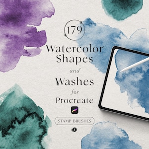 Puede incluir: Suministros de arte digital para Procreate, con formas y lavados de acuarela. La imagen incluye una tableta con un lápiz óptico, rodeada de texturas de acuarela en tonos de azul, morado y verde azulado. El texto dice "Watercolor Shapes and Washes for Procreate."
