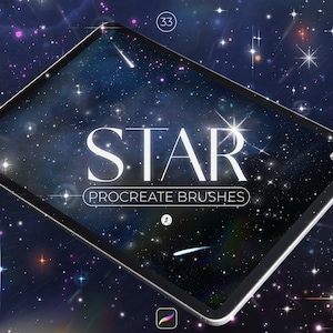 Puede incluir: Una tableta que muestra un cielo nocturno estrellado con el texto "STAR PROCREATE BRUSHES" en la pantalla. Un lápiz óptico está flotando sobre la tableta.