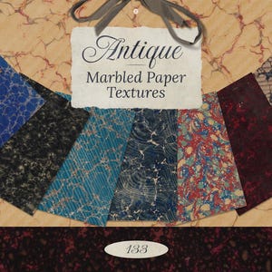 May include: A selection of antique marbled paper textures in shades of blue, black, teal, red, and burgundy. The image includes a tag that reads "Antique Marbled Paper Textures". The number "133" is also visible.