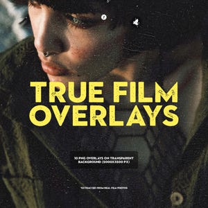May include: Image with the text "TRUE FILM OVERLAYS" in yellow, set against a dark, textured background. Additional text states "10 PNG OVERLAYS ON TRANSPARENT BACKGROUND (5000X3500 PX)" and "EXTRACTED FROM REAL FILM PHOTOS."