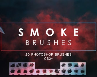May include: A set of 20 Photoshop smoke brushes for use with CS3 and later versions. The brushes are displayed in a grid with a red and black background. The text "SMOKE BRUSHES" is displayed in white at the top of the image. The text "20 PHOTOSHOP BRUSHES CS3+" is displayed in white below the brushes.