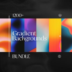 Könnte beinhalten: Ein digitales Grafikdesign mit einer Sammlung farbenfroher Farbverlaufs-Hintergründe. Das Bild enthält den Text "1200+ Gradient Backgrounds BUNDLE" in Weiß, vor einem dunklen, strukturierten Hintergrund. Die Verläufe zeigen eine Vielzahl von Farbtönen, darunter Orange, Lila und Gelb.