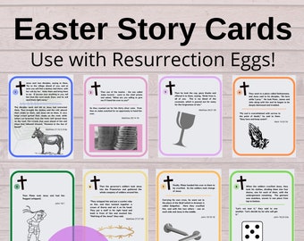 May include: Eight colorful cards with a cross and a bible verse on each card. The cards are designed to be used with Resurrection Eggs for an Easter activity.