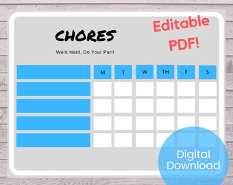 Chore Chart for Kids, Editable PDF Chore Chart, Chore Chart Printable, Digital Download, Kids Chore Chart Printable