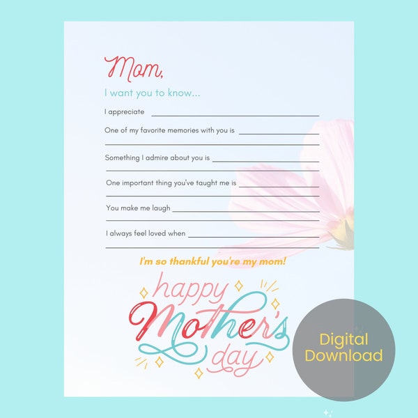 Meaningful Mother's Day Printable, Mother's Day for Kids, Older Kids Mother's Day Gift, Digital Download, Instant Download