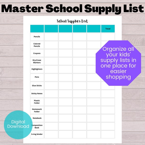 Master School Supply List, Family School Supply Printable, Digital download, Back to School List, Printable Shopping List