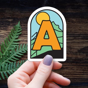 Single Letter Sticker | Alphabet Letters | Sun and Mountain Decal | Letter Decal | Name Tag Labels | Monogram Typography |