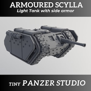 May include: A gray 3D printed model of a light tank with side armor. The tank has a large cannon and tracks. The text "ARMOURED SCYLLA" and "Light Tank with side armor" is printed on the image. The text "TINY PANZER STUDIO" is printed at the bottom of the image.