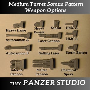 May include: A collection of miniature weapon options, including autocannons, lasers, and flamers, labeled with their names. The text "Medium Turret Somua Pattern Weapon Options" and "TINY PANZER STUDIO" are also visible.