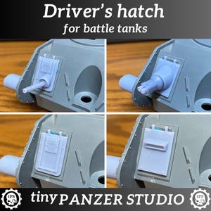 May include: Four-panel image of gray plastic model tank parts. The text "Driver's hatch for battle tanks" is at the top. The parts include a driver's hatch and a gun barrel. The logo for tinyPANZER STUDIO is at the bottom.