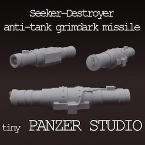 Puede incluir: Tres misiles antitanque grimdark grises se muestran sobre un fondo oscuro. El texto "Seeker-Destroyer" y "tiny PANZER STUDIO" son visibles. Los misiles tienen cuerpos cilíndricos con varios accesorios rectangulares y circulares.