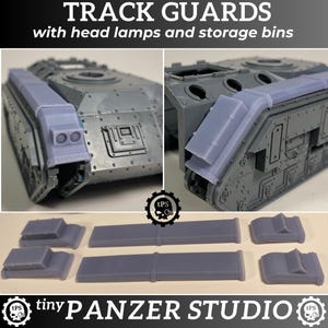 May include: Gray plastic track guards with head lamps and storage bins. The image shows the track guards installed on a model tank and individual components. The text at the top reads "TRACK GUARDS with head lamps and storage bins."