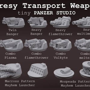 Könnte beinhalten: Eine Sammlung von Miniaturwaffenmodellen, darunter Twin Banger, Heavy Banger und Combo Plasma, mit dem Text "Heresy Transport Weapons" und "tiny PANZER STUDIO". Diese Modelle sind wahrscheinlich für Tabletop-Spiele oder Hobbyzwecke gedacht.