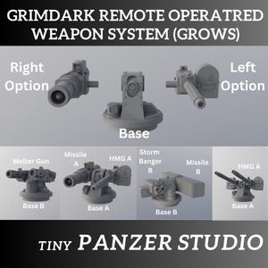 May include: A grey 3D-rendered weapon system with various configurations, including a melter gun, missile launchers, and heavy machine guns. The image features text labels such as "Right Option," "Left Option," and "Base," along with the text "GRIMDARK REMOTE OPERATRED WEAPON SYSTEM (GROWS)" and "TINY PANZER STUDIO."