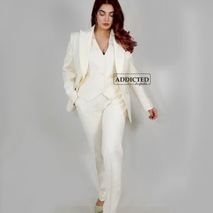 Women Custom Made Ivory 3 Piece Suit Cotton Single Breasted Satin Peak Lapel Jacket High Waist Pantsuit Business Cocktail Attire Formal Wear