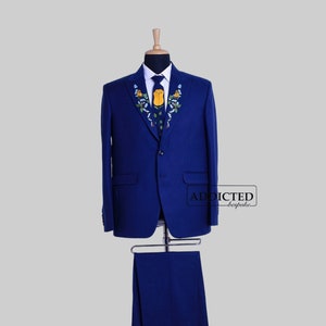 Men 2 Piece Western Wedding Suit Blue Cotton Customized Pantsuit Groom Floral Snake Embroidered Single Breasted Cocktail Attire Gift For Him