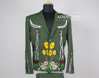 Men 2Pc Country Western Green Pantsuit Premium Cotton Embellished Flora And Fauna Embroidered Wedding Suit Cocktail Attire Prom Gift For Him