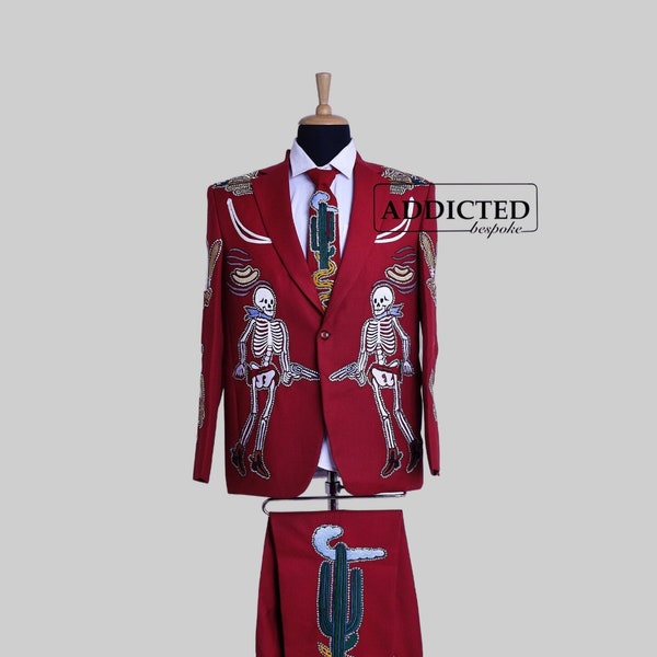 Men 2 Piece Western Wedding Suits Custom Made Cowboy Pantsuit Red Cotton Skeleton Embroidered Retro Style Prom Party Hippie Designer Outfits