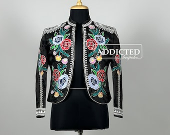 Women Black Mariachi Wedding Jacket Custom Made Premium Paisley Print Multi Color Floral Embroidery Prom Cocktail Event Party Blazer For Her