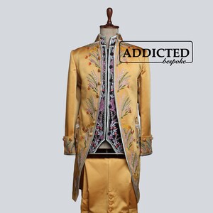 Men Custom-Made 3 Piece Satin Rococo Outfit Victorian Style Yellow Nobleman Ensemble Breeches-Vest Colonial Costume Rococo Men Court Dress