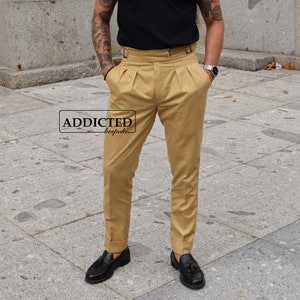Men's Pleated Harvest Gold Cotton Gurkha Trousers Military Inspired Custom Made Personalized Regular Fit Business Office Pant Gifts For Him
