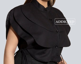 Women Designer Black Cotton Frilled Shirt Custom Made Butterfly Style Stand Collar Stylish Business Formal Party Wear Cocktail Top For Her