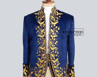 Men Designer 3 Piece Blue Velvet History Suit Rococo Fashion Embroidered Vest Breeches Wedding Historical Theater Costume Carnival Attire