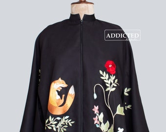 Unisex Bespoke Black Cotton Cape Hand Embroidered Stand Collar Circular Cut Coat Wild & Floral Themed Zip Closure Cocktail Prom Attire