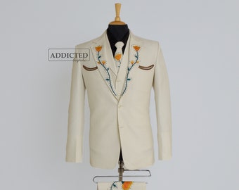 Men Custom Made 3 Piece Embroidered Wedding Suit Ivory Cotton Western Rhinestones Encrusted Blazer-Vest With High Waist Pant Cocktail Attire