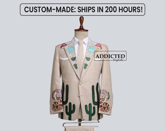Mens Bespoke 2 Piece Suit Country Western Embroidered Pantsuit Customized Cactus Snake Alien Theme Blazer Wedding Outfit Cocktail Attire