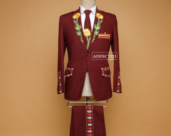 Men's Custom Made 2Pc Wine Cotton Wedding Suit Premium Embroidered Floral With Rhinestones Embellished Western Prom Party Cocktail Outfits