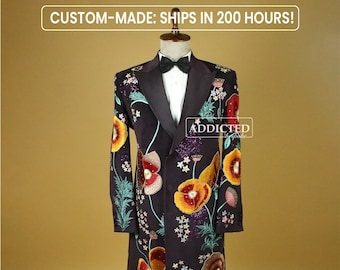 Mens Bespoke Designer Velvet Tuxedo Blazer Flora & Fauna Embroidered Peak Satin Lapel Overlap Coat Grooms Wedding Prom Party Trench Coat