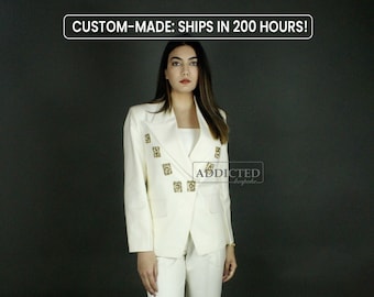 Women Custom Made Ivory Two Piece Suit Double Breasted Cotton Designer Pantsuit Wedding Outfit Prom Party Bridesmaid Cocktail Attire Gift