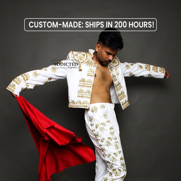 Men's White Gold Embroidered Custom Made Matador Jacket Vintage Bullfighting Dress Personalized Wedding Dance Theater Costume Cosplay Attire