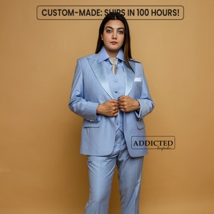 Women Bespoke Designer Blue Cotton 3 Piece Suit Single Breasted Formal Vest Coat Pant Wedding Cocktail Bridesmaid Business Prom Party Wear